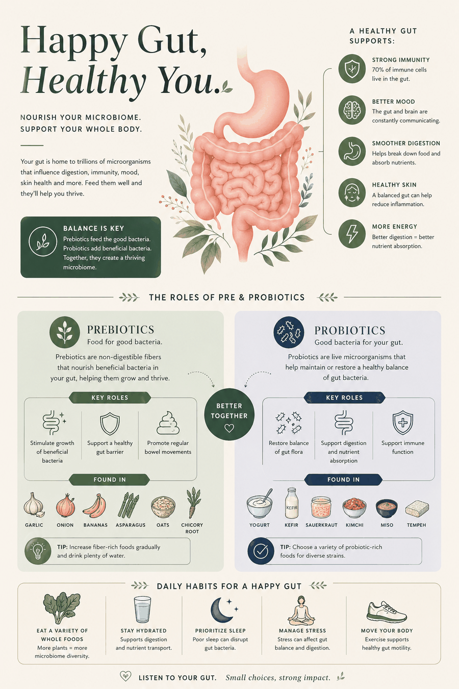 Nutrition infographic showing a happy gut, the roles of prebiotics and probiotics, and daily habits for gut health.